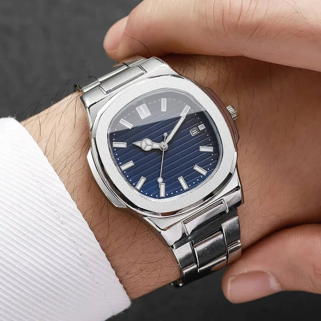 **Luxuriöse Herren-Businessuhr – Elegante Quarzuhr mit quadratischem Zifferblatt, Edelstahlarmband und Datumsanzeige (ohne Geschenkbox)**